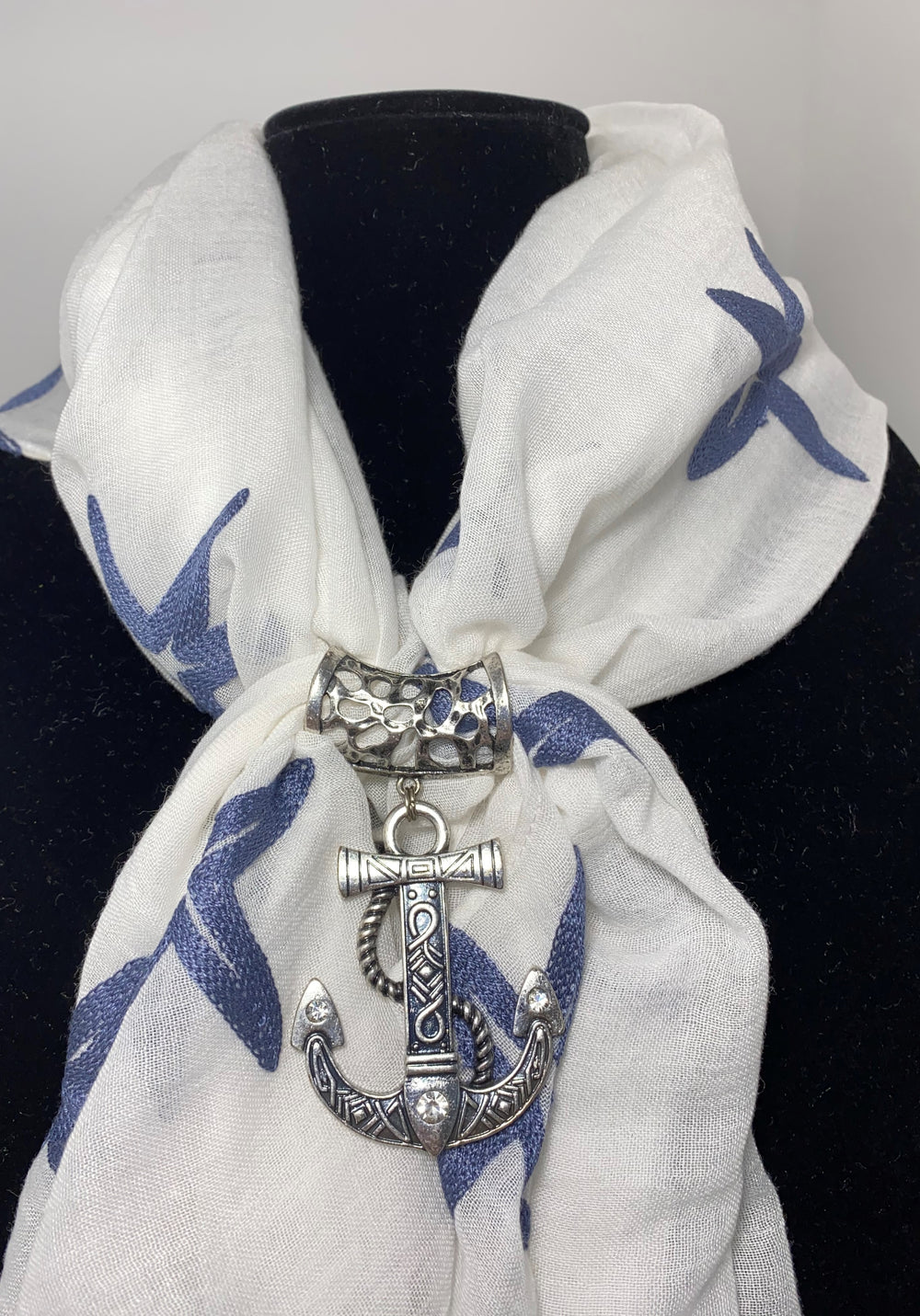 Blue Star Fish embroidered on White Scarf (Clasp Sold Separately)